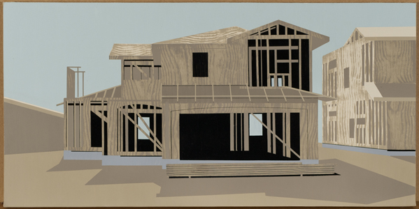 depiction of house under construction with wood structure